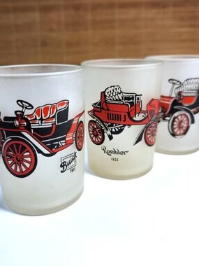 Hazel Atlas Vintage Frosted 4oz Jigger Glass Set 3 Antique Cars Cadillac Rambler